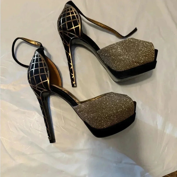 Sam Edelman Paulette Heel Gold Black Posh peep-toe silhouette pump Sparkle 6 - Picture 7 of 8